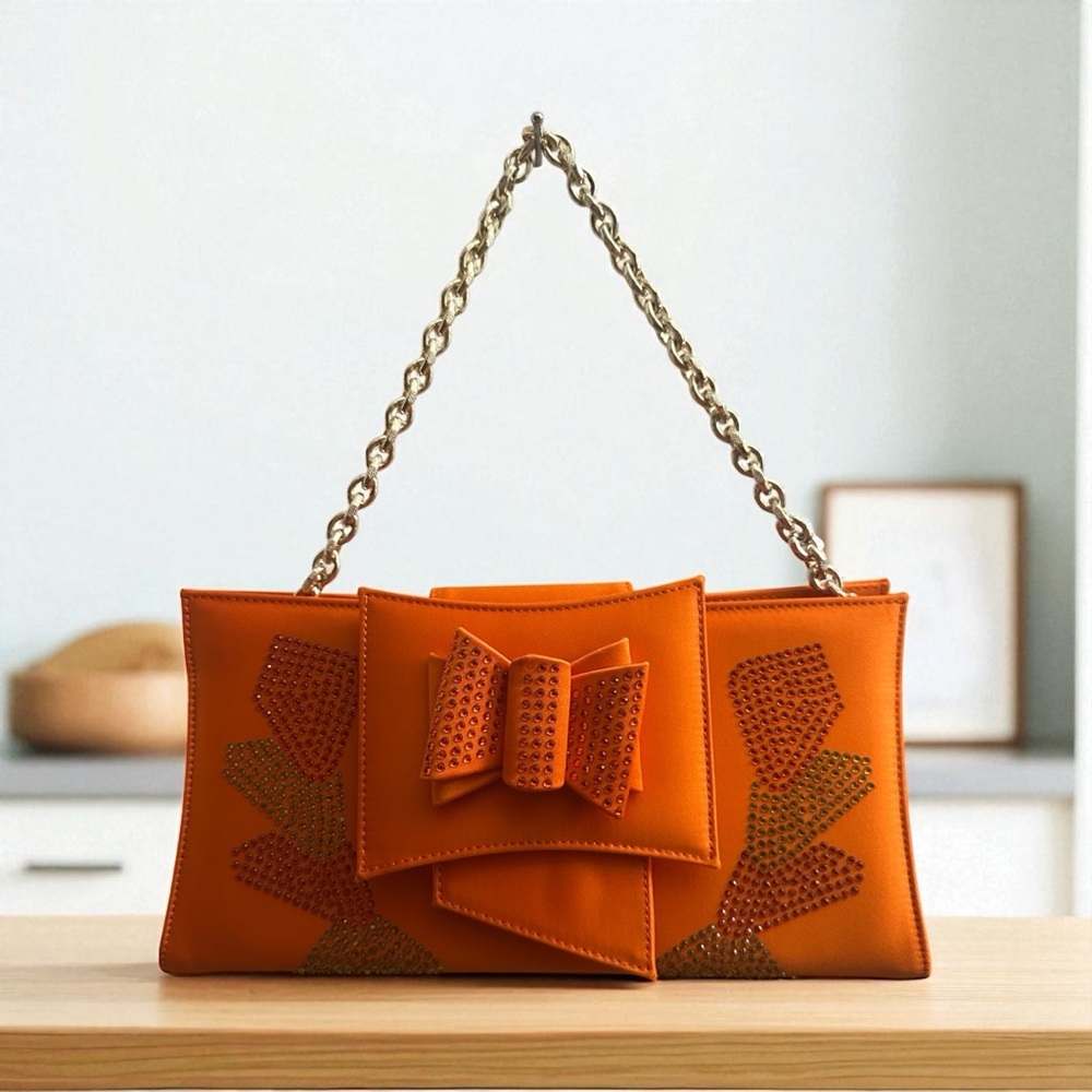Made in Italy Clutch/Handbag Bright Orange with Blings– Gold Chain